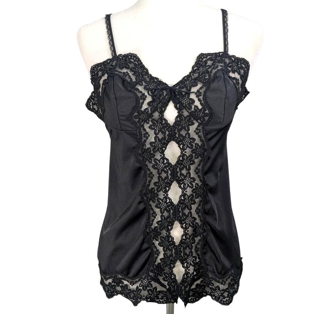 Vintage 70s Glydons Hollywood Nylon Black Floral Lace Keyhole Slip Cami Medium